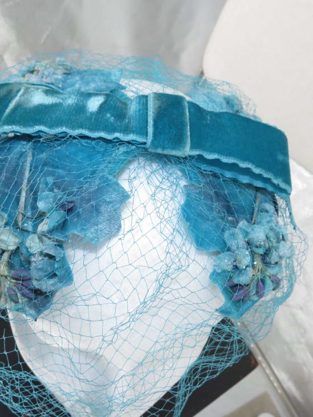 Vintage Blue Pillbox Hat Veiled Floral Fascinator Turquoise Velvet One Size OS - Picture 5 of 14